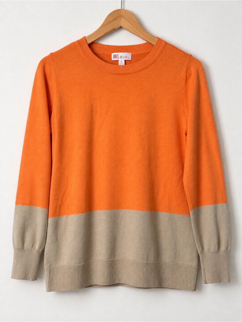 Kim Gravel Belle Orange Tan Colorblock Crewneck Sweater Women’s Size 8
